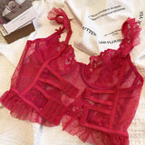 French Sexy Lingerie Set Women Ultra Thin See Through Embroidery Lace Bra & Thong Push Up Underwear Shaping Camisole Set MOYISU