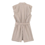 Women's Belted Striped Shorts Jumpsuit Women Striped Sleeveless Button Down Belted Pocket Detail Casual Jumpsuit For Summer 9X2T