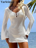V Neck Long Sleeve Hollow Out Crochet Knitted Tunic Beach Cover Up Cover-ups Beach Dress Beach Wear Beachwear Female Women V7643