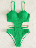 Sexy Push Up Underwire One Piece Swimsuit Women Solid Pink Metal Chain Hollow Out Ribbed Bathing Suit Backless Swimwear Monokini
