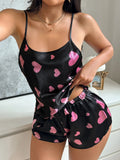 2PCS Women's Heart Print Sleepwear Set Round neck Cami Top and Shorts Summer Nightwear Loungewear for Home