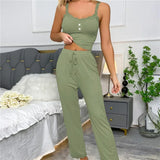 Women Ribbed Pajama Set Lace Trim Camisole Top & Drawstring Pants Sexy Sleepwear Autumn Soft Lounge Homewear