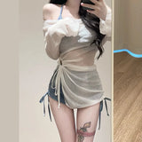 Swimsuit Women's Blue Tie Dye Split Bikini Cover, Sexy Women's Hot Spring Swimsuit Three Piece Set