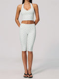 New Summer Women White Polka Dot Print Yoga Sets Hanging Neck Slim Sport Vest High Waist Mid Pants Gym Two-piece Workout Clothes