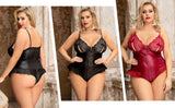 Black Sexy Lingeries Faux Leather Hollow Out Ruffled Lace Zipper Deep V-Neck Jumpsuits Adjustable Straps Elegant Women Bodysuits