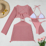 DEKA Women Solid Bikini Set Halter Bra Lace-up Swimsuit Set With Mesh Yarn Cover Up Dress Knitted  Long Sleeve Boho Swimwear