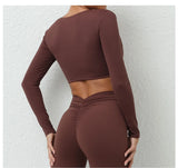 Long Sleeve Gym Crop Tops for Women Twist Deep V Workout Quick Dry Padded Sports Fitness Yoga T-Shirt