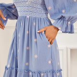 Women Spring Fall Long Dress Long Sleeve Dress Square Neck Embroidery Flower Loose Swing Dress Wit Pocket