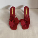 Women Fashion New Flower Clip-toe High-heeled Slippers Thin Heels Mules Slippers Elegant Party Ladies Elegant High-heeled Sandal