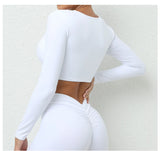 Long Sleeve Gym Crop Tops for Women Twist Deep V Workout Quick Dry Padded Sports Fitness Yoga T-Shirt