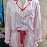 Women 2 Pieces Pajamas Sets fLong Sleeve Lapel V Neck Loose Fit Striped Print Tops with Elastic Waist Shorts Loungewear