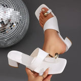Female Chunky Heel Slippers Summer Fashion Square Head Shoes Lightweight Non-slip Square Head Open Toe Solid Color Sandals