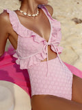 DEKA Girl Light Pink One Piece Swimsuit for Women High Waist Hollow Out Ruffle Suspender Backless Monokini Bikini Beach Swimwear
