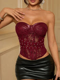 Sexy Black Lace Mesh Sheer Corset Top Spicy Girls Bandeau PU Leather Patchwork Fishbone Bustier See Through Rivet Club Camisole