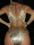 Golden Glitter Deep V Neck Female Swimwear One Piece Swimsuit Women Backless Monokini High Leg Cut Bathing Suit Swim Beachwear