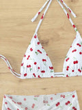 With Mesh Sarong Skirt Cherry Printed Bikini Female Swimsuit Women Swimwear Three Pieces Bikini Set Bathing Suit Swim Beachwear