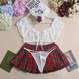Toucheart Sexy Lingerie Suit for Women Lace Mesh See-through Lace Up Top Plaid Pleated Skirt Halter Women's Underwear Set New