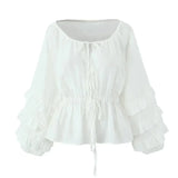 Foridol Tie Up Ruffles Lantern Sleeve White Blouse Women Spring Fashion Pelpum Top 2025 Summer O Neck Beach Casual Chic Blusa