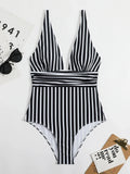 2026 Striped One Piece Swimsuit Sexy Swimwear Women V-neck Bathing Swimming Suit Female Summer Beachwear Bodysuit