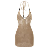 Women Backless Halter Mini Dress Casual Summer Knit Crochet Cutout Bodycon Party Dress for Beach Club Streetwear