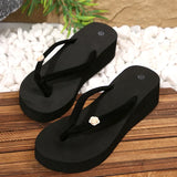 Women's Flower Decor Med Heel Flip Flops Simple Style Black Wedge Clip Toe Slides Woman Summer Outdoor Med Heel Slippers Mujer