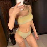 Shiny Glitter Sparkling High Waist Bikini Female Swimsuit Women Swimwear Two-pieces Bikini Set One Shoulder Bathing Suit V1264
