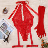 New Purple Sexy Lace Bodysuits Deep V Neck Halter Mesh Solid Color Bodysuits Charming  Pure Desire Transparent Flower Print OOB5