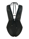 S - XL Deep V Neck Knit Fishnet Mesh One Piece Swimsuit Women Swimwear Female Backless Monokini High Leg Cut Bathing Suit Swim