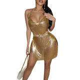 Women Glitter Sexy Dress Sleeveless Backless Halter Low Cut Split Short Dress See Through Party Club Sexy Dresses Female Summer
