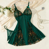 Green Floral Lace Split Sheer Mesh Babydoll Lingerie Set Slip Nightdress With Matching Thong Women Sexy Sleepwear ZA825071