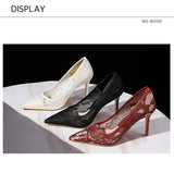 NASBAVI Sexy Lace High Heels Net Gauze Thin Heel Pointed Toe Slimming Nightclub Style Low Heel Single Shoes 41 42 43