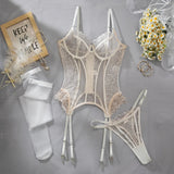 Embroidered flower underwear, sexy three-point mesh fishbone body shaping sexy suit with stockings