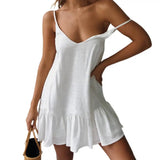 V Neck Summer Dress for Dating Women Dress Solid Color Flounce Edge Spaghetti Strap Women Party Dresses