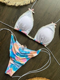 DEKA Tie Dye Bikini Set Pearl Swimsuit Women Pleated Triangle Lace Up Thong Micro Bikini Summer New Sexy Ladies Bathing Suit