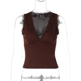 FDYOUI Deep V-neck Sleeveless Tank Tops Y2K Woman Clothes 2026 Summer Lace Patchwork T-shirt Girls Slim Corset Top Streetwear