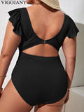 VigoJany 2026 Solid Sexy Plus Size Swimwear Women Ruffle Short Sleeve Large One Piece Swimsuit Summer Beach Chubby Bathing Suit