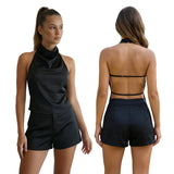 Summer Women's Solid Color Satin Shorts Sets Backless Mock Neck Halter Tops with Shorts 2 Piece Outfits Casual Streetwear