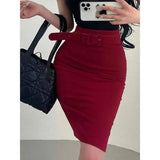 Korean Pure Desire Style Sexy OL High Waist Back Slit Mid Length Skirt Belt School Girl Uniform Fashion Women Mini Skirts UJR8