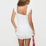 Women Solid Color Bodycon Dress Sleeveless Square Neck Backless Flower Slim Fit Mini Dress Party Clubwear