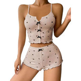 1 Set Women Sexy Pajama Set, Love Heart Print Spaghetti Strap Tops and Shorts, Knit Fabric Sleepwear for All Seasons, Loungewear
