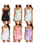 Women Sleeveless Backless Party Club Dress Solid Color Shiny Spaghetti Strap Mini Dress for Cocktail Nightclub Beach