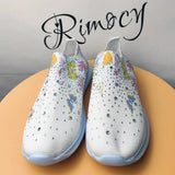 2025 Fashion Crystal Platform Sneakers Women Plus Size Slip On Flowers Printed Flats Woman Breathable Soft Sole Wakling Shoes