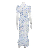 FDYOUI V-neck Short Sleeve Single Breasted Ruffles Blouse Tops+Mermaid Skirts Suits Elegant Floral Print Midi Dress 2 Piece Set