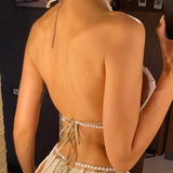 Luxury Pearls Halter Hollow Out See Through Bikini Top Female Swimsuit Women Swimwear Bather Bathing Suit Swim Beach Top V5409