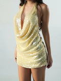 Women Summer Solid Color Sequin Halter Neck Party Club Dresses Slim Sparkly Sleeveless Open Back Short Bodycon Dress