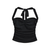 New Women's Fashion Sexy Backless Halter Neck Tie-up Ruched Tube Top Ultra-short Camisole Top In Solid Color Pure Desire F1MR