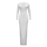 Trendy Solid Color Slim Long Dresses Women Sexy Deep V-neck Hollow Out Leace-up Package Hip Bodycon Party Dress Female Vestidos