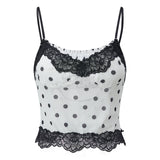 Women Fashion Dot Print Lace Patchwork Crop Tops Summer Slim Camisole Spaghetti Strap Mesh Tank Tops Streetwear
