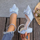 Women's Bowknot Ankle Strap Block Heel Pointed Toe Pumps for Wedding Party