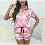 Ladies' Summer Striped Embroidered Love Victoria Style Pajama Set Short Sleeve Top Short Pants Casual  Two Piece Home Clothing